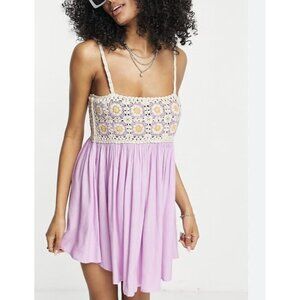 Asos Dress Womens 14 Purple Crochet Granny Squares Mini Babydoll Boho Festival